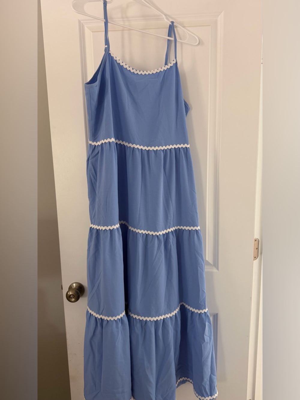 Blue Tiered Maxi Dress with White Trim